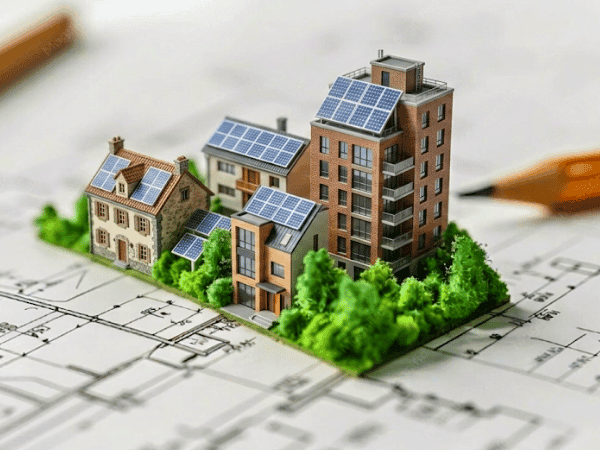 Maquete 3D de um quarteirão sustentável com painéis solares e vegetação